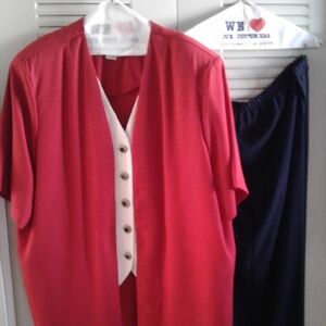 Elegant Red and White Jacket And Vest With Blavk Pants. Women's Ensemble